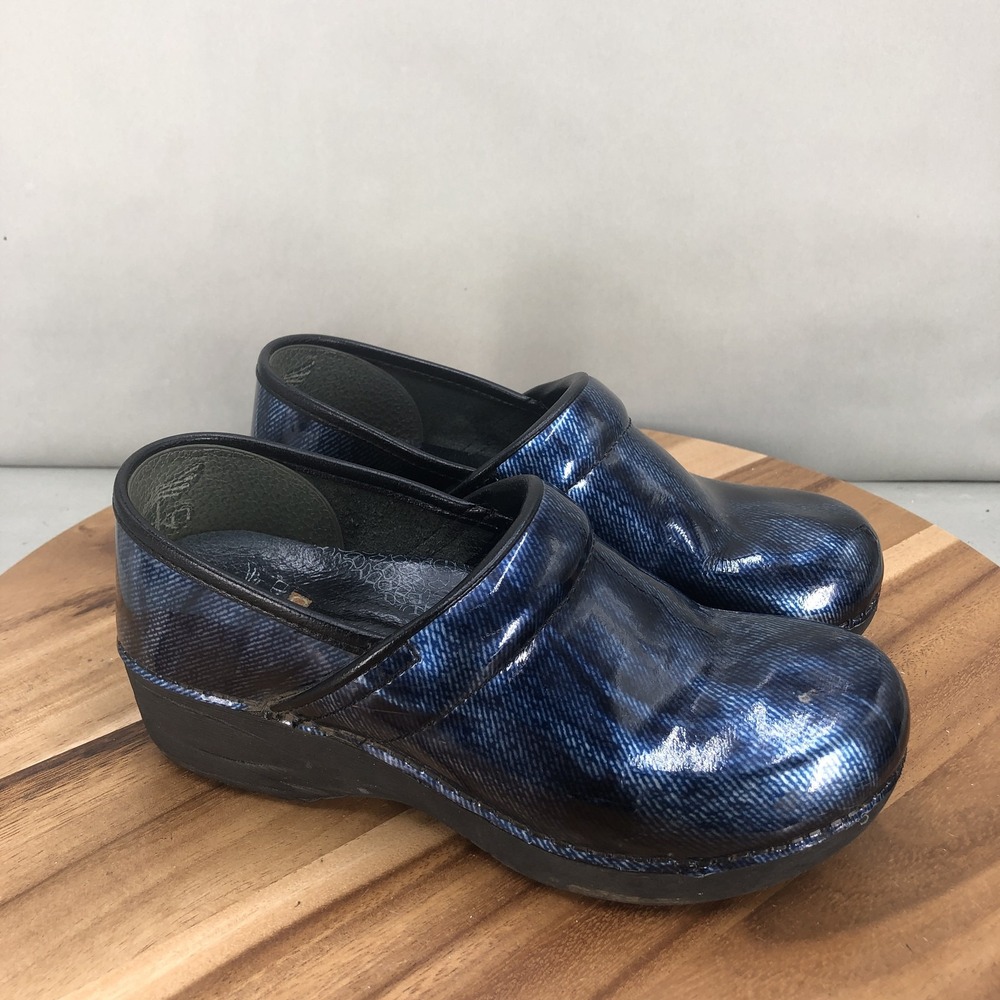 Dansko Metallic Navy Blue Patent Clogs